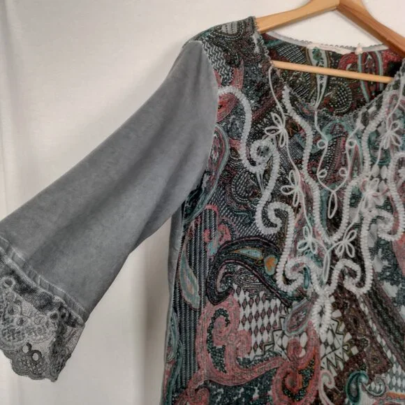 Soft Surroundings Tunic Top Shirt Women Small Gray Paisley Embroidered Lace Trim - Picture 7 of 16